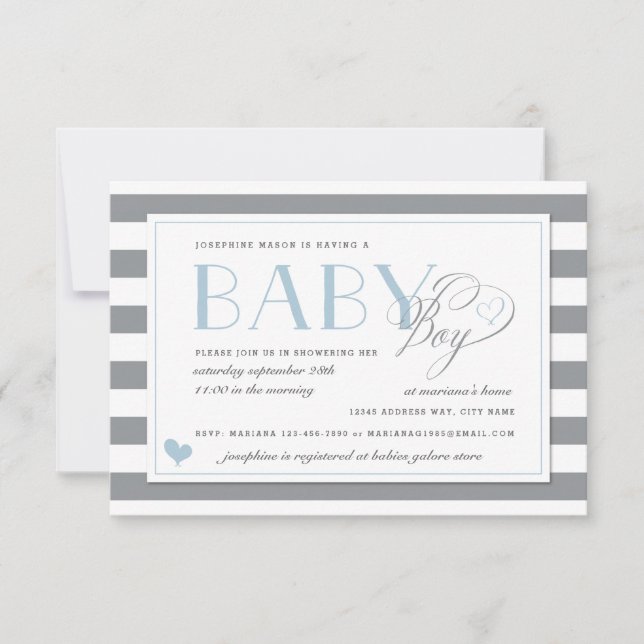Gray & White Stripe Light Blue Boys Baby Shower Invitation (Front)