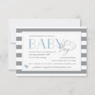 Gray & White Stripe Light Blue Boys Baby Shower Invitation