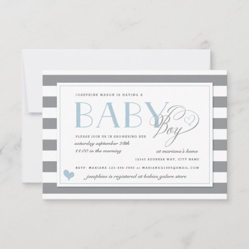 Gray  White Stripe Light Blue Boys Baby Shower Invitation