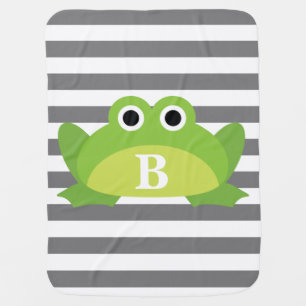 Gray White Stripe Pattern Frog Monogram Receiving Blanket