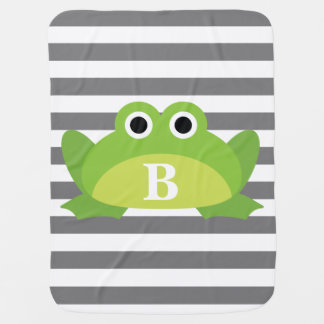 Gray White Stripe Pattern Frog Monogram Receiving Blanket