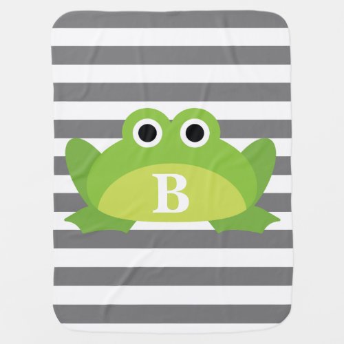 Gray White Stripe Pattern Frog Monogram Receiving Blanket