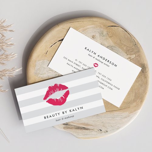 Gray  White Stripe  Pink Lip Print Business Card