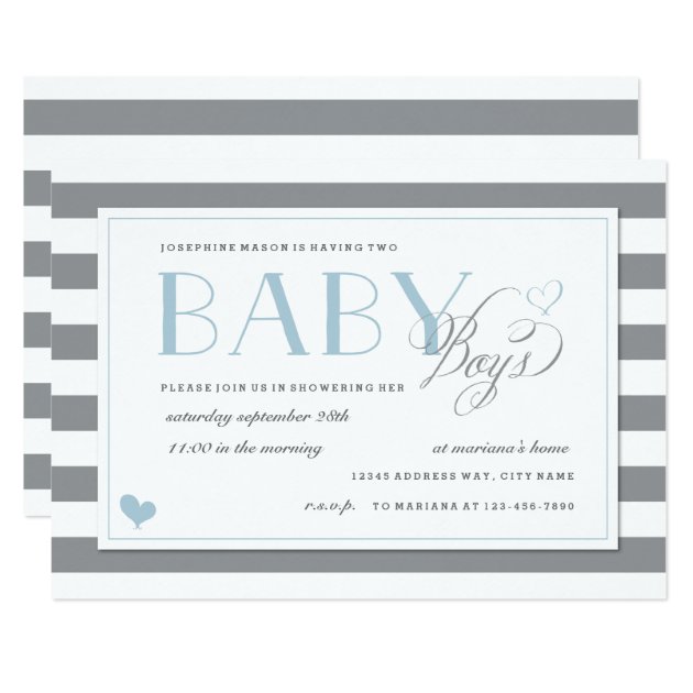 Gray & White Stripe Twins Baby Boy Shower Blue Invitation