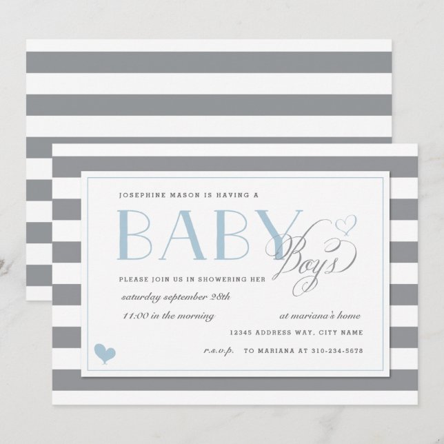 Gray & White Stripe Twins Baby Boy Shower Blue Invitation (Front/Back)