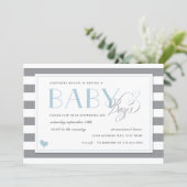 Gray & White Stripe Twins Baby Boy Shower Blue Invitation (Standing Front)