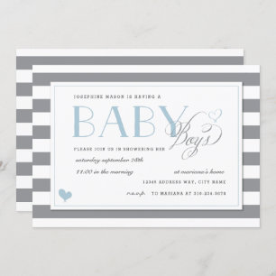 Gray & White Stripe Twins Baby Boy Shower Blue Invitation