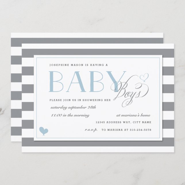 Gray & White Stripe Twins Baby Boy Shower Blue Invitation (Front/Back)