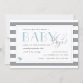 Gray & White Stripe Twins Baby Boy Shower Blue Invitation (Front)