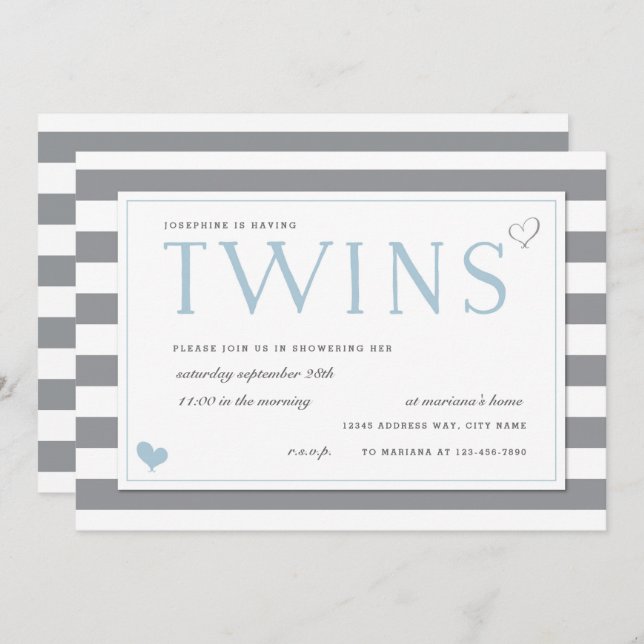 Gray & White Stripe Twins Baby Shower Invitation (Front/Back)
