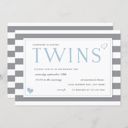 Gray  White Stripe Twins Baby Shower Invitation