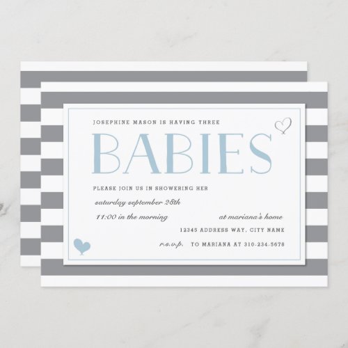Gray  White Stripe Twins Baby Shower Light Blue Invitation