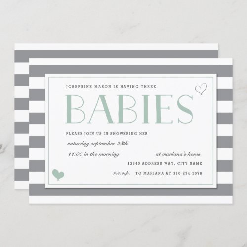 Gray  White Stripe Twins Baby Shower Sage Green Invitation