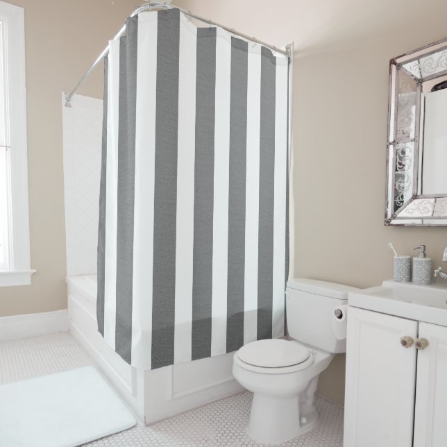 Gray & White Striped Custom Shower Shower Curtain (In Situ)