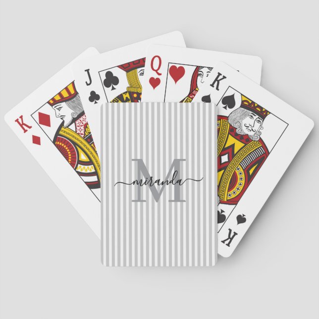 Gray & White Striped Monogram Name Poker Cards (Back)