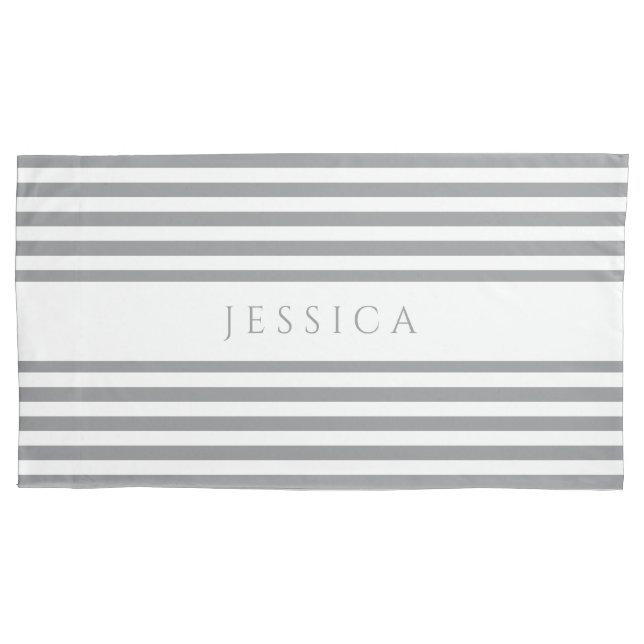 Gray & White Striped Pattern Name Pillow Case (Front)