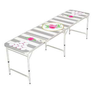 Gray White Striped Pink Watercolor Floral Monogram Beer Pong Table