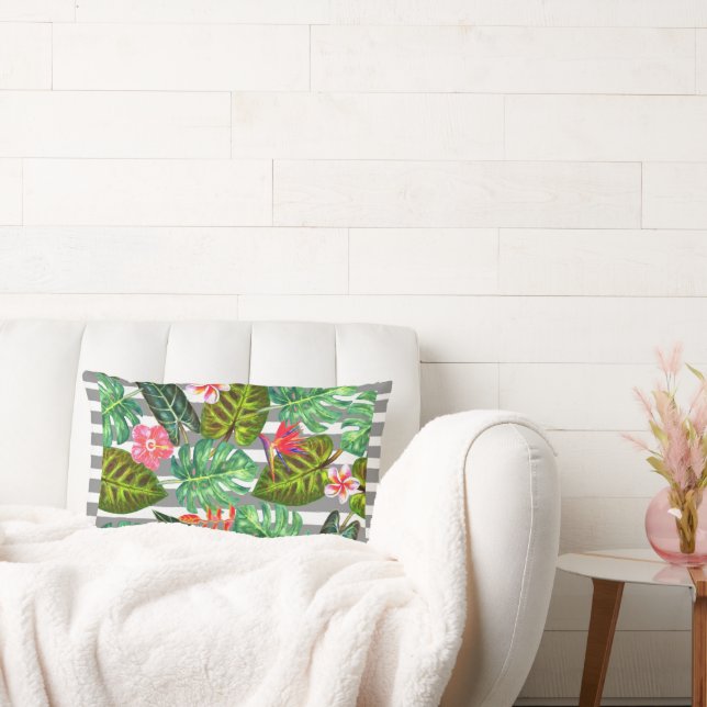 Gray & White Striped Tropical Leaves Throw Pillow (Couch)