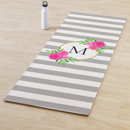 Gray White Stripes Chic Hot Pink Floral Monogram Yoga Mat