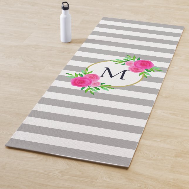 Gray White Stripes Chic Hot Pink Floral Monogram Yoga Mat (In Situ)