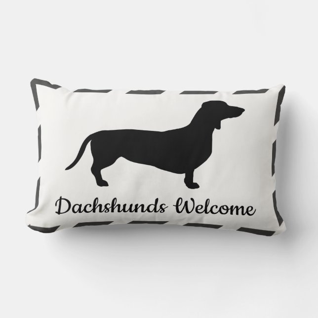 Gray & White Stripes Dachshunds Welcome Lumbar Pillow (Front)
