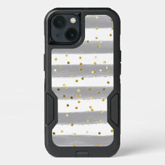 Gray, White Stripes, Gold Confetti Cell Case