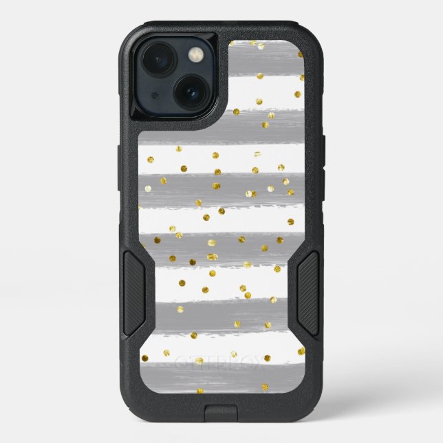 Gray, White Stripes, Gold Confetti Cell Case (Back)