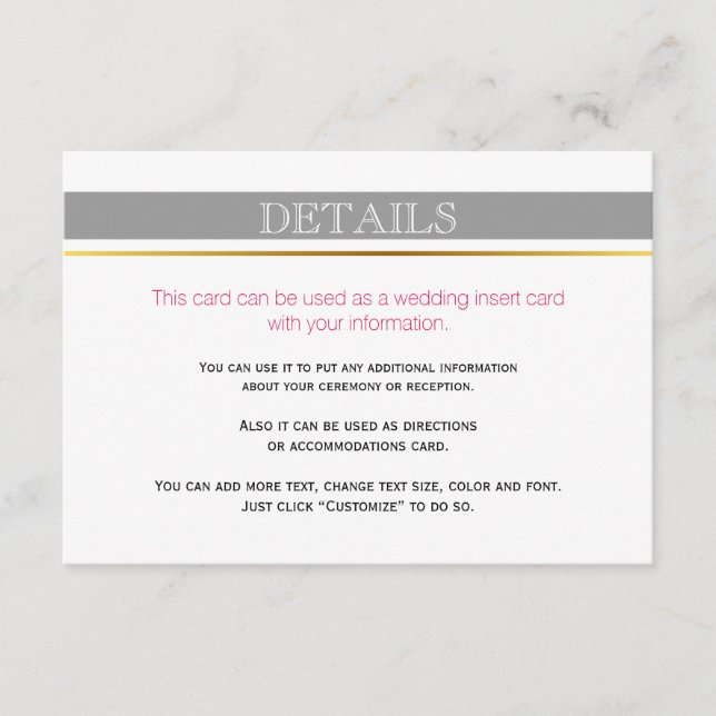 Gray white stripes gold, pink wedding insert card (Front)