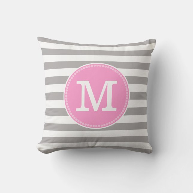 Gray White Stripes Minimal Pastel Pink Monogram Throw Pillow (Front)