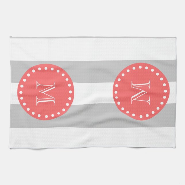 Gray White Stripes Pattern, Coral Monogram Towel (Horizontal)
