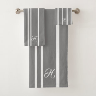 Gray & White Stripes Pattern Monogram Bath Towel Set