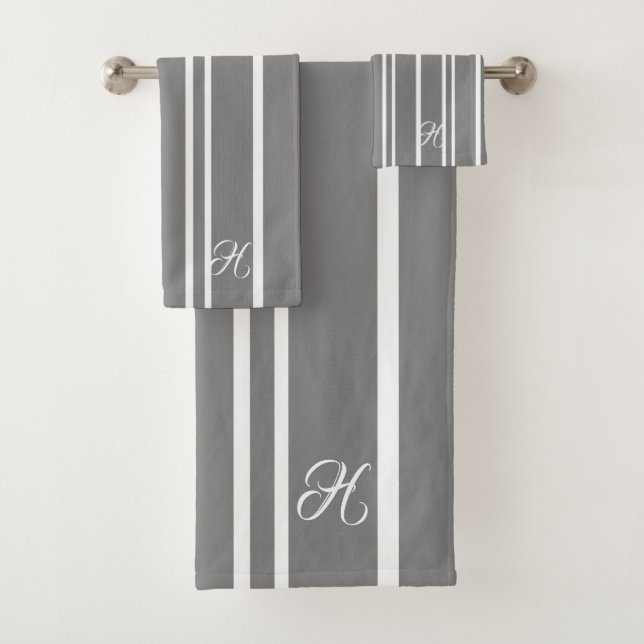 Gray & White Stripes Pattern Monogram Bath Towel Set (Insitu)