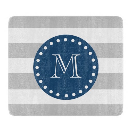 Gray White Stripes Pattern, Navy Blue Monogram Cutting Board