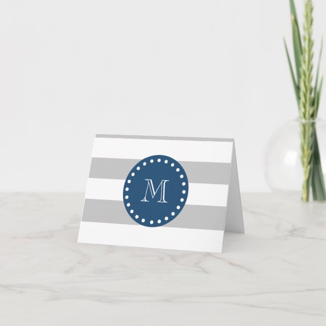 Gray White Stripes Pattern, Navy Blue Monogram Note Card (Front)
