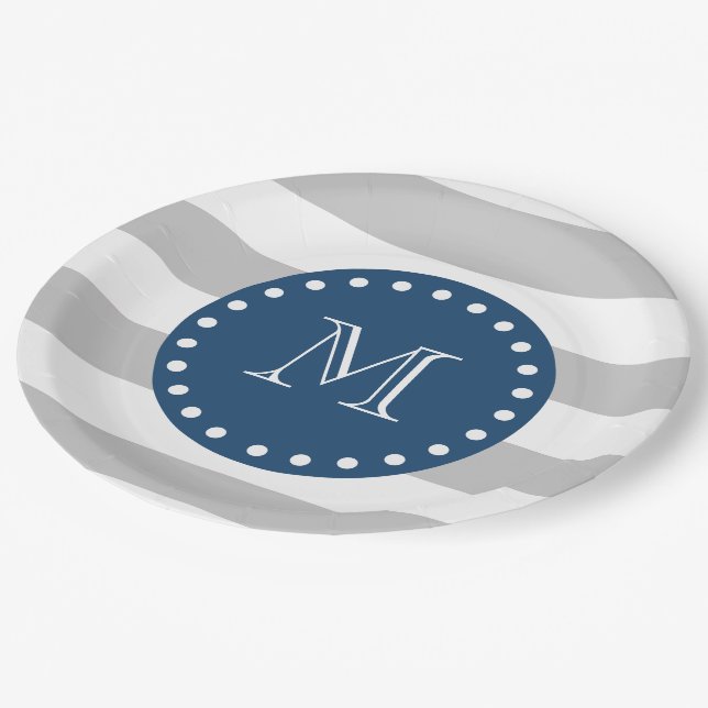 Gray White Stripes Pattern, Navy Blue Monogram Paper Plates (Angled)