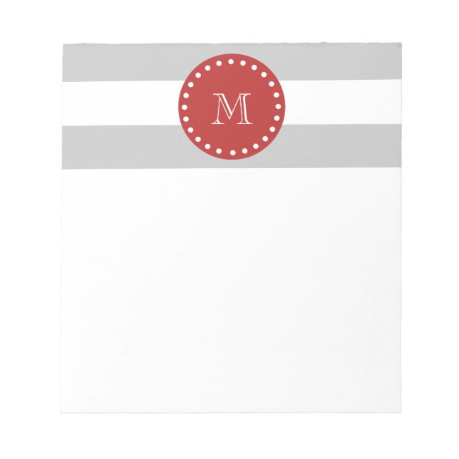 Gray White Stripes Pattern, Red Monogram Notepad (Front)