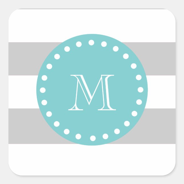 Gray White Stripes Pattern, Teal Monogram Square Sticker (Front)