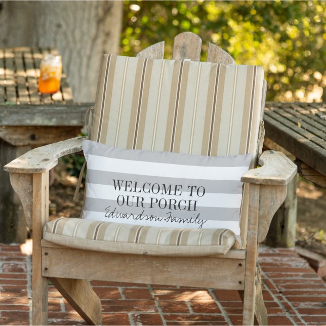 Gray white stripes welcome porch family name lumbar pillow (Chair)