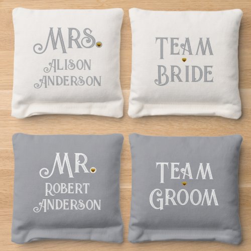 Gray white team bride team groom Mr Mrs Cornhole Bags