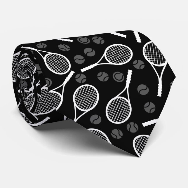 Gray & White Tennis Dad Ball Racket Pattern Black  Neck Tie (Rolled)