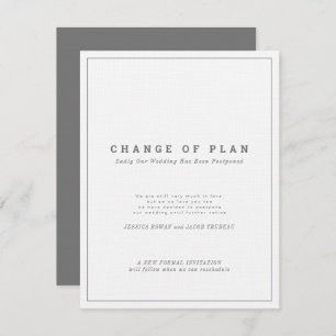 Gray white text postponed change of wedding plan invitation