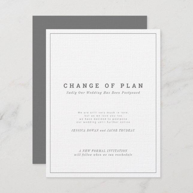 Gray white text postponed change of wedding plan invitation (Front/Back)
