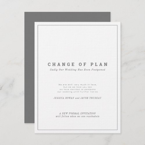 Gray white text postponed change of wedding plan invitation