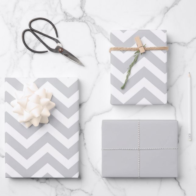Gray & White Thick Chevron Wedding Birthday V1 Wrapping Paper Sheets (Front)