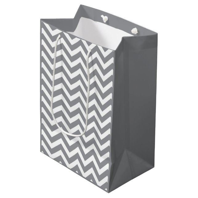 Gray & White Thick Chevron Wedding Birthday V2 Medium Gift Bag (Front Angled)
