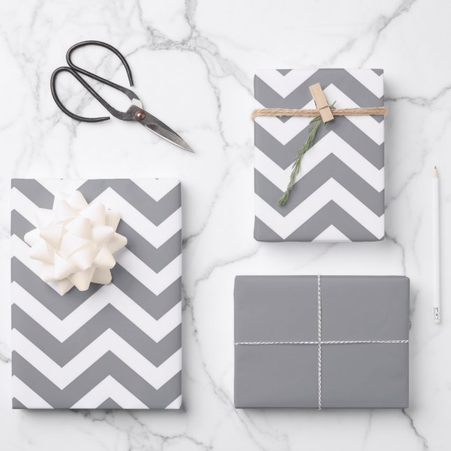 Gray & White Thick Chevron Wedding Birthday V2 Wrapping Paper Sheets (Front)