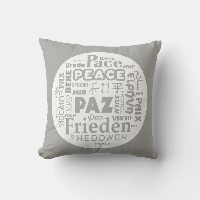 Gray/white throw cushion/peace in multi-languages throw pillow (Front)