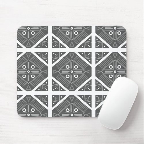 Gray White Tiles Boho Geometric Pattern Mouse Pad