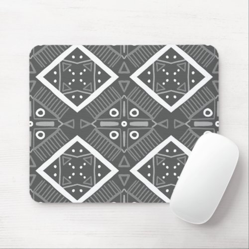 Gray White Tiles Boho Geometric Pattern Mouse Pad