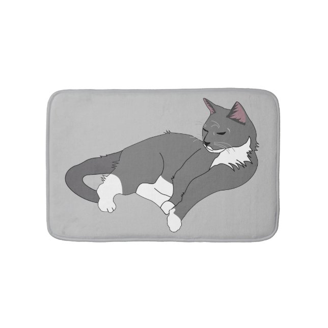 Gray & White Tuxedo Cat Bath Mat (Front)